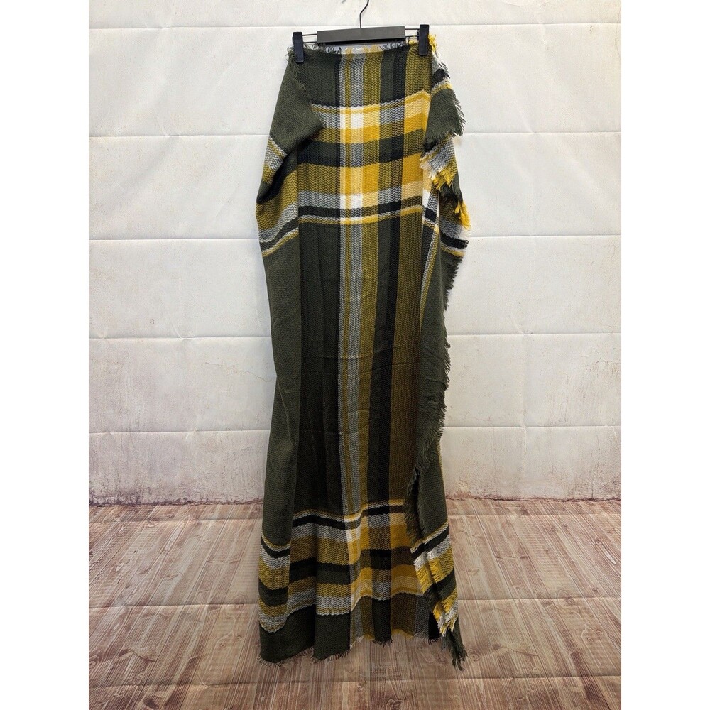 Riah Fashion Plaid Ruana Wrap Olive Mustard Fringe One Size 52x55”